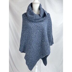 Irelandseye Women L/XL Blue Knit Pullover Sweater Poncho Merino Wool Cowl Neck